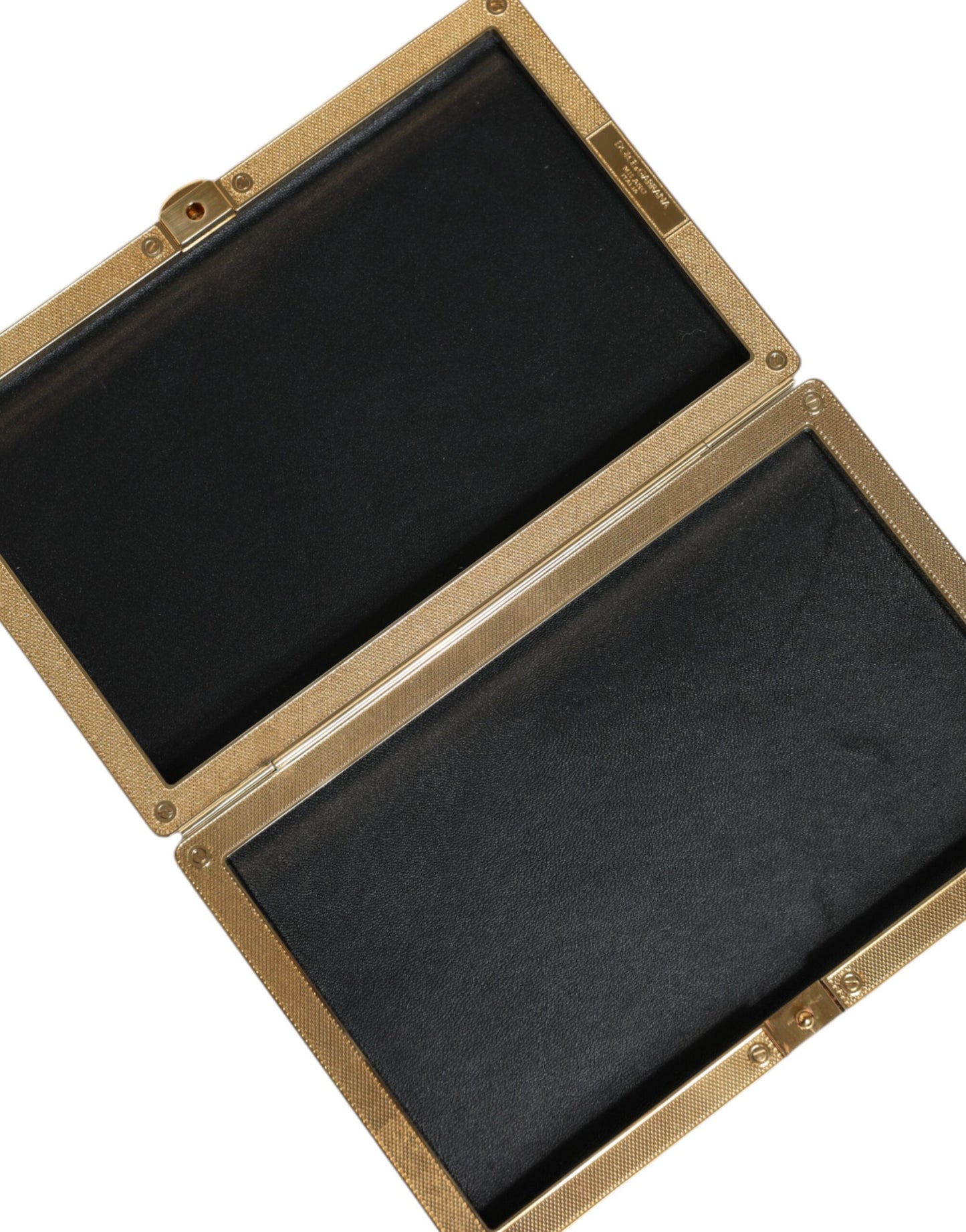 Evening Box Clutch Convertible Handbag by Dolce & Gabbana for women in leather & brass black & gold features an exquisite silhouette, showcasing a secure , ample , and exquisite for a sophisticated finish.