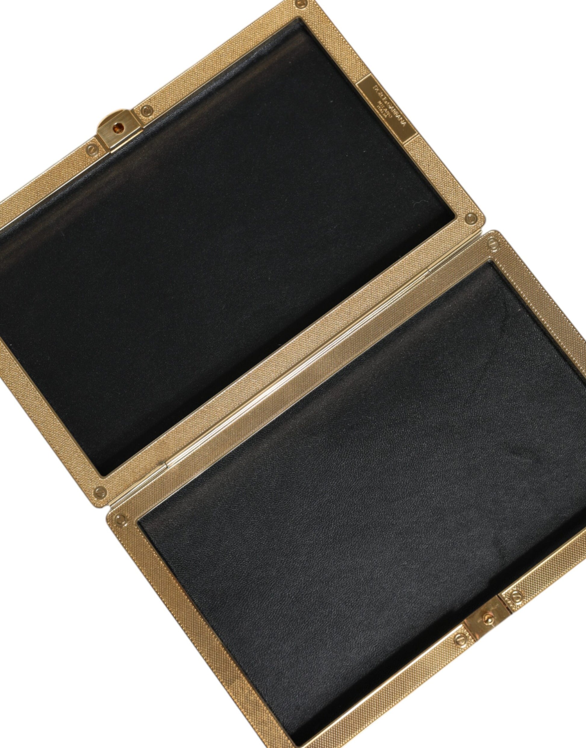 Evening Box Clutch Convertible Handbag by Dolce & Gabbana for women in leather & brass black & gold features an exquisite silhouette, showcasing a secure , ample , and exquisite for a sophisticated finish.