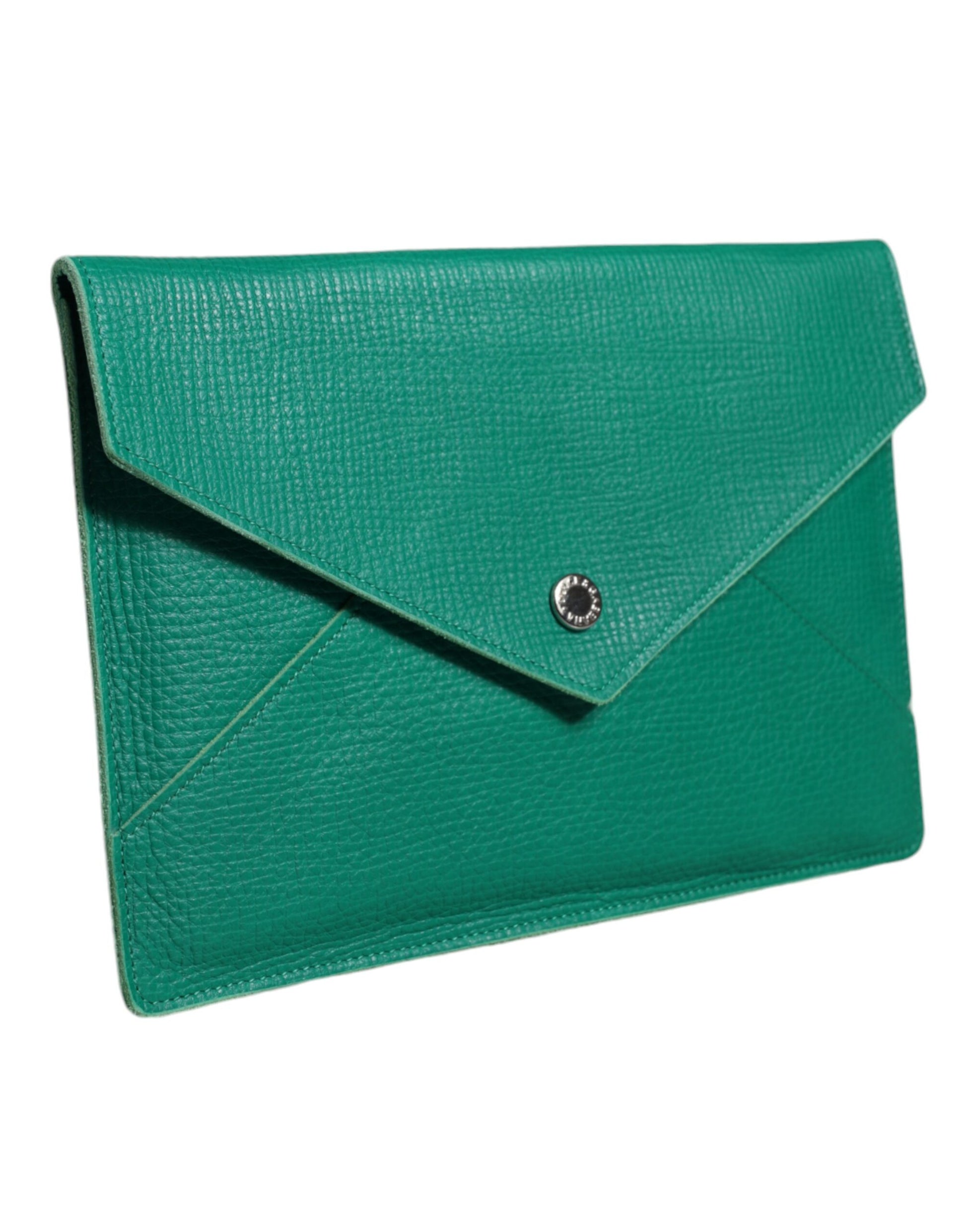 Mini Pouch Clutch Handbag by Dolce & Gabbana for women in leather & metal green features a sculptural silhouette with a secure snap & button, organized , and versatile for a sculptural finish.