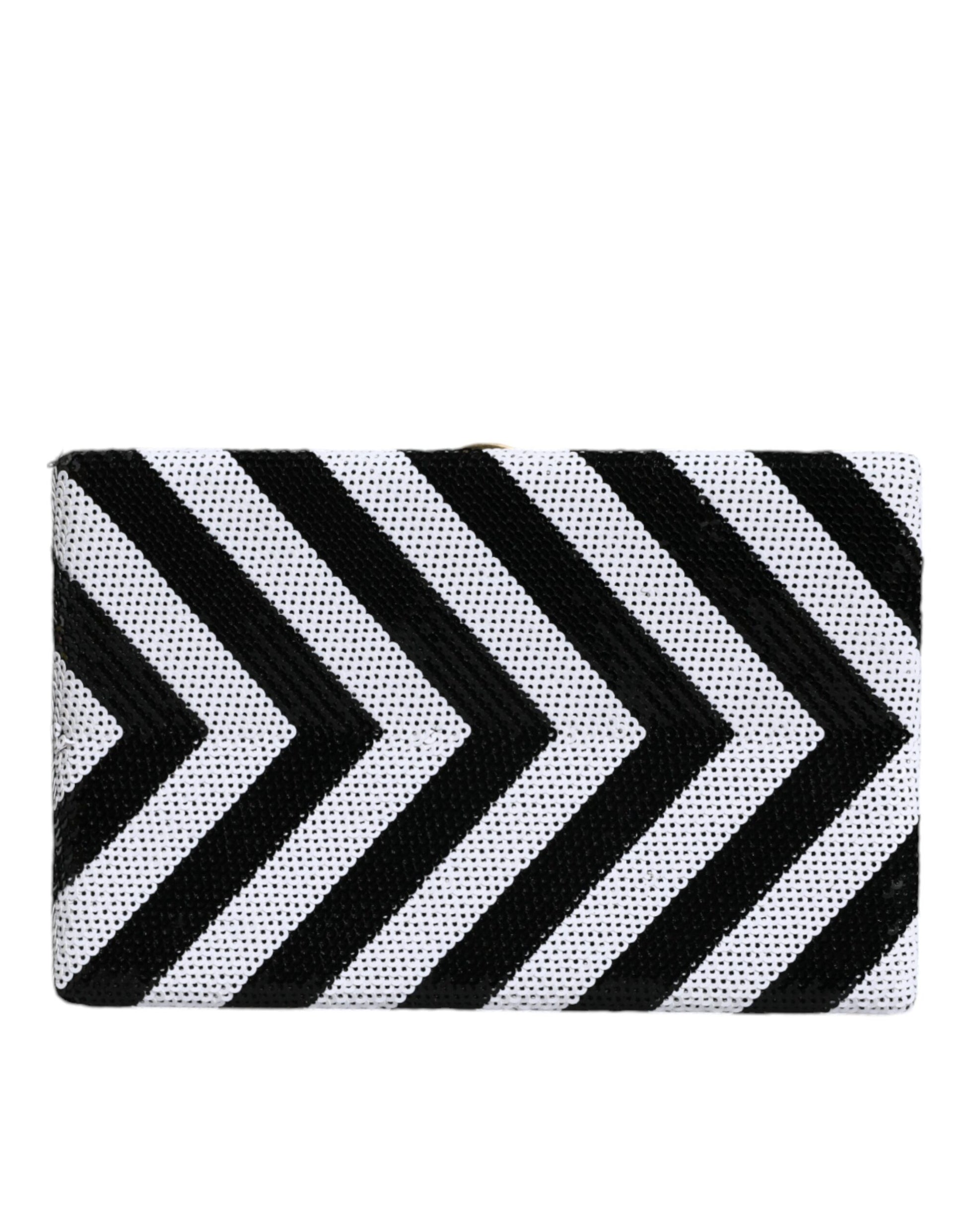 Compact Evening Box Clutch Convertible Handbag by Dolce & Gabbana for women in goat leather & aluminium black, gold & white features an exquisite silhouette, showcasing a secure , ample cardholder, and versatile for exquisite style.