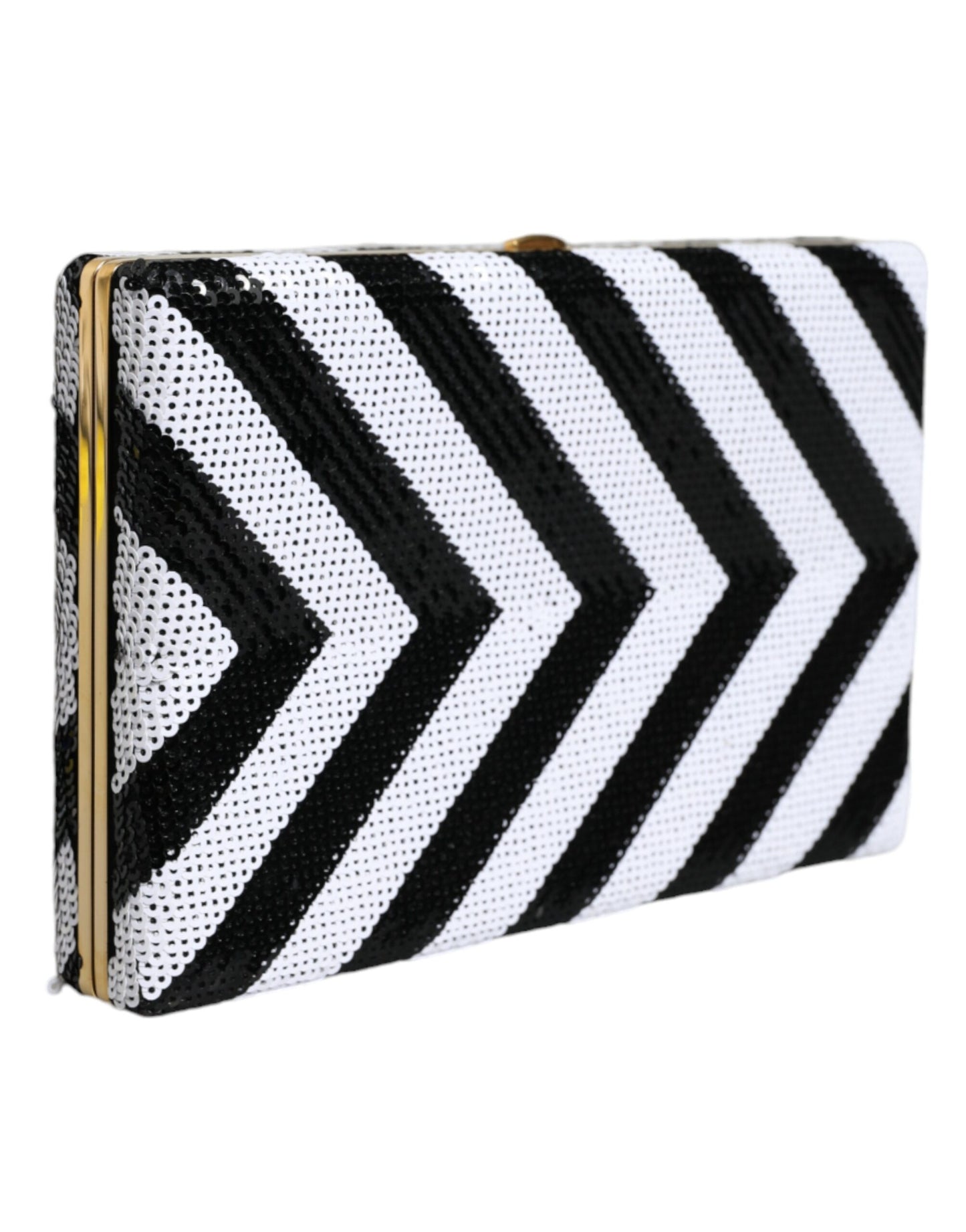 Compact Evening Box Clutch Convertible Handbag by Dolce & Gabbana for women in goat leather & aluminium black, gold & white features an exquisite silhouette, showcasing a secure , ample cardholder, and versatile for exquisite style.