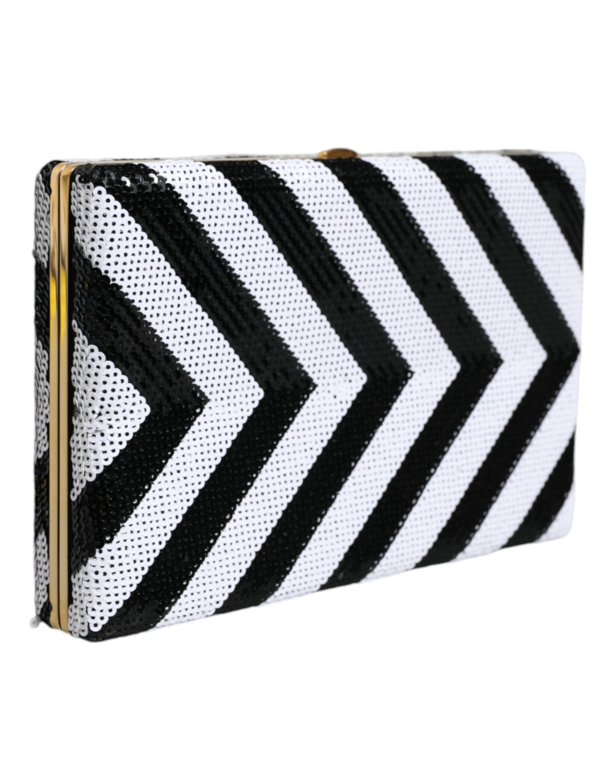Compact Evening Box Clutch Convertible Handbag by Dolce & Gabbana for women in goat leather & aluminium black, gold & white features an exquisite silhouette, showcasing a secure , ample cardholder, and versatile for exquisite style.