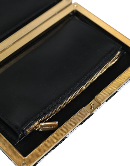 Compact Evening Box Clutch Convertible Handbag by Dolce & Gabbana for women in goat leather & aluminium black, gold & white presents a exquisite silhouette, showcasing a secure and organized cardholder with versatile .