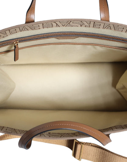 Crossbody Tote Bag by Versace for women in leather & cotton brown, white & jacquard features an jet-set-ready silhouette, showcasing the Leather & Cotton Crossbody Tote Bag design with a secure zipper, ample , and versatile crossbody-strap, shoulder-strap, handle, adjustable-strap & detachable-strap.