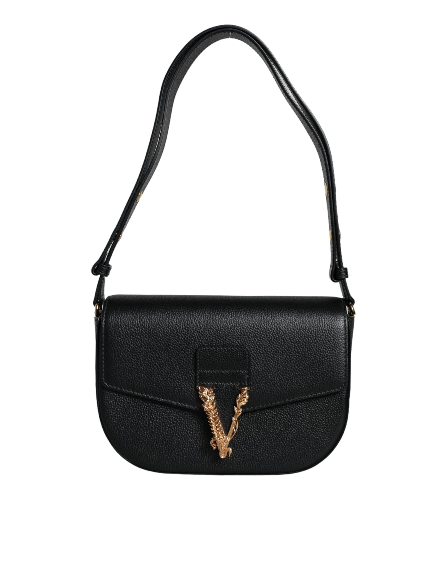Compact 2-in-1 Shoulder & Crossbody Bag by Versace for women in calf leather & cotton black features a stately silhouette, showcasing a secure magnetic, ample internal-pockets, and stately crossbody-strap, shoulder-strap, adjustable-strap & handle for a stately finish.