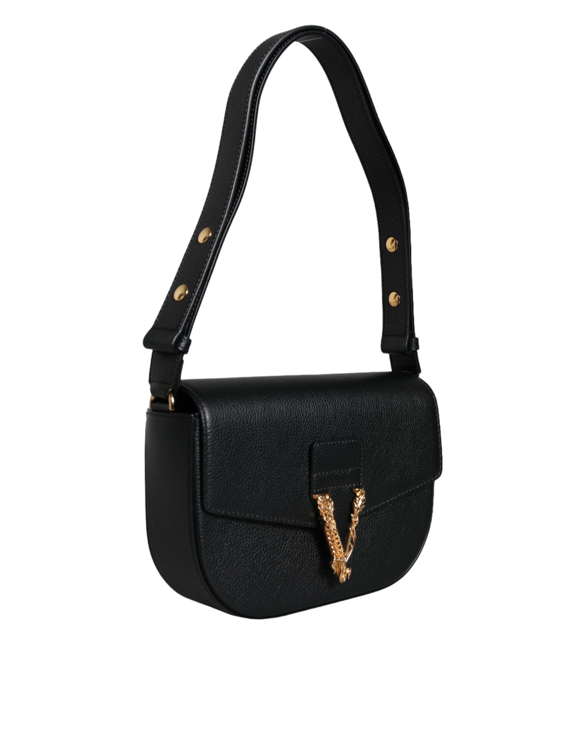 Compact 2-in-1 Shoulder & Crossbody Bag by Versace for women in calf leather & cotton black features an effortlessly chic silhouette with a secure magnetic, ample internal-pockets, and versatile crossbody-strap, shoulder-strap, adjustable-strap & handle for effortlessly chic everyday luxury.