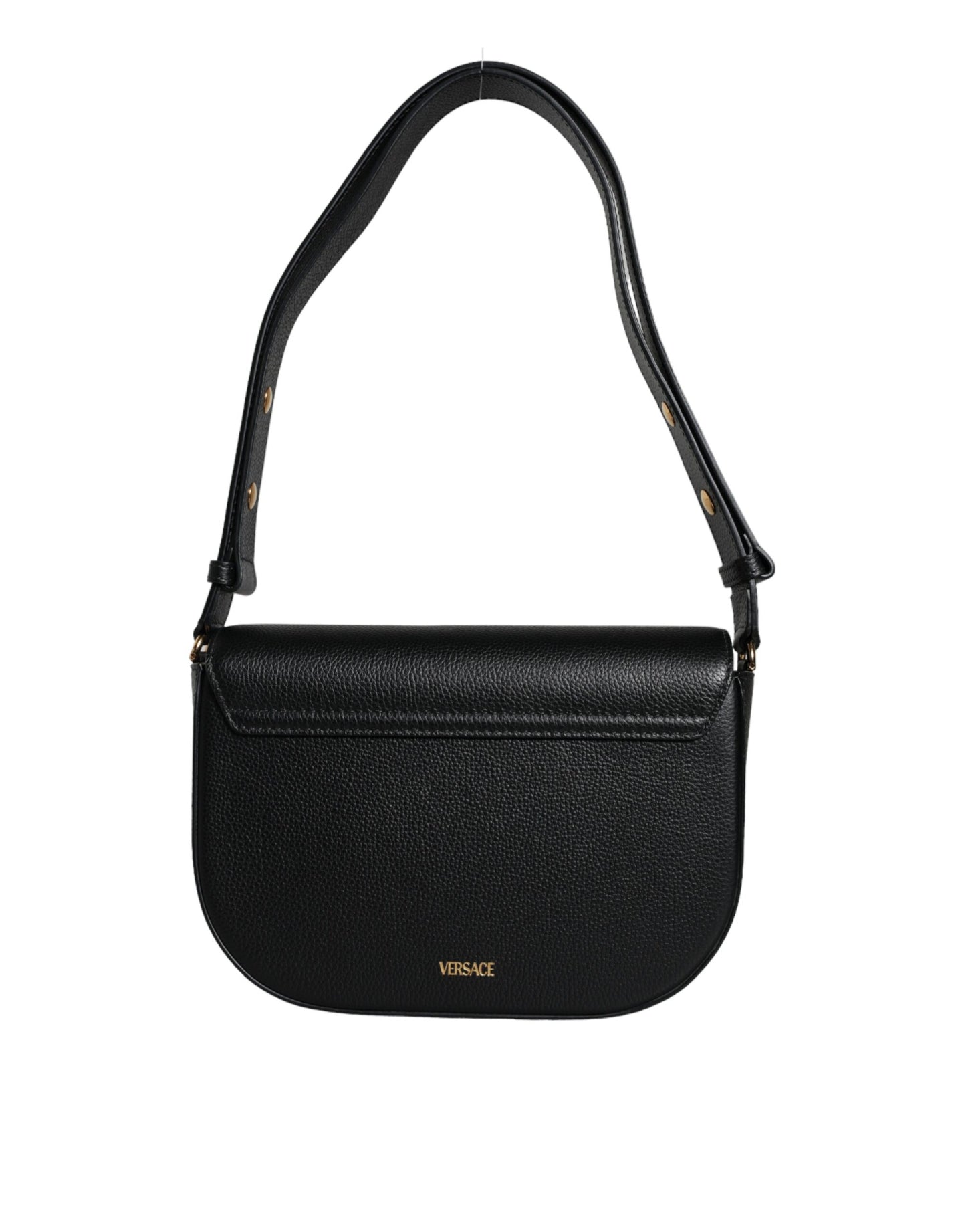 Compact 2-in-1 Shoulder & Crossbody Bag by Versace for women in calf leather & cotton black presents a statuesque silhouette, showcasing a secure magnetic and statuesque internal-pockets with versatile crossbody-strap, shoulder-strap, adjustable-strap & handle for a sophisticated look.