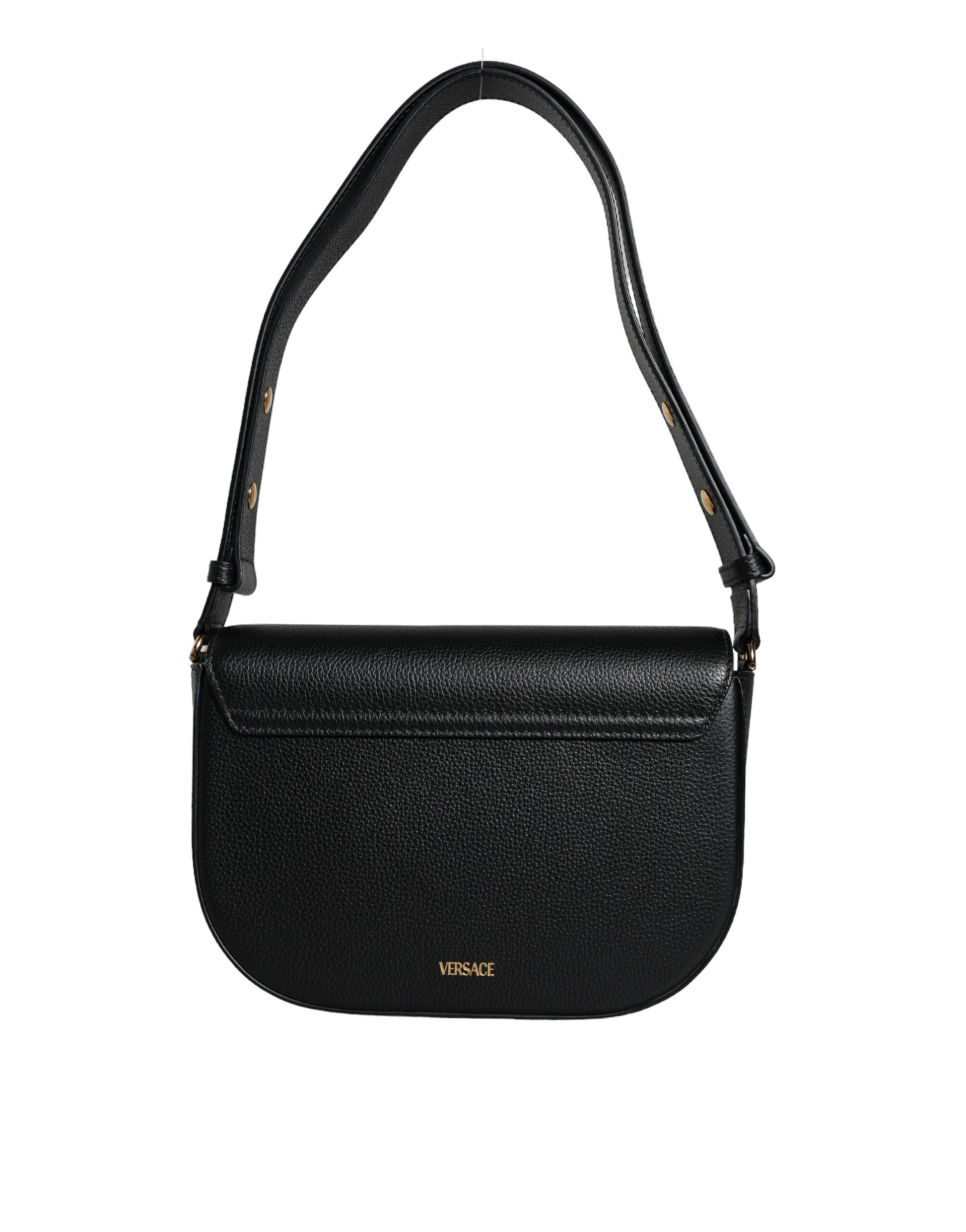 Compact 2-in-1 Shoulder & Crossbody Bag by Versace for women in calf leather & cotton black presents a statuesque silhouette, showcasing a secure magnetic and statuesque internal-pockets with versatile crossbody-strap, shoulder-strap, adjustable-strap & handle for a sophisticated look.