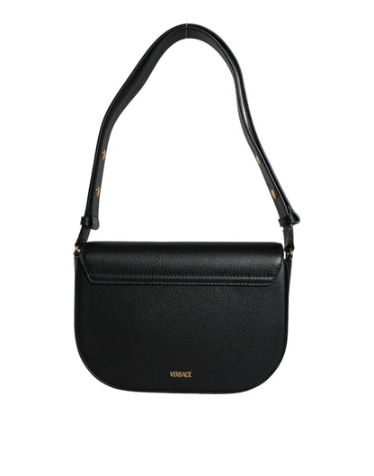 Compact 2-in-1 Shoulder & Crossbody Bag by Versace for women in calf leather & cotton black presents a statuesque silhouette, showcasing a secure magnetic and statuesque internal-pockets with versatile crossbody-strap, shoulder-strap, adjustable-strap & handle for a sophisticated look.