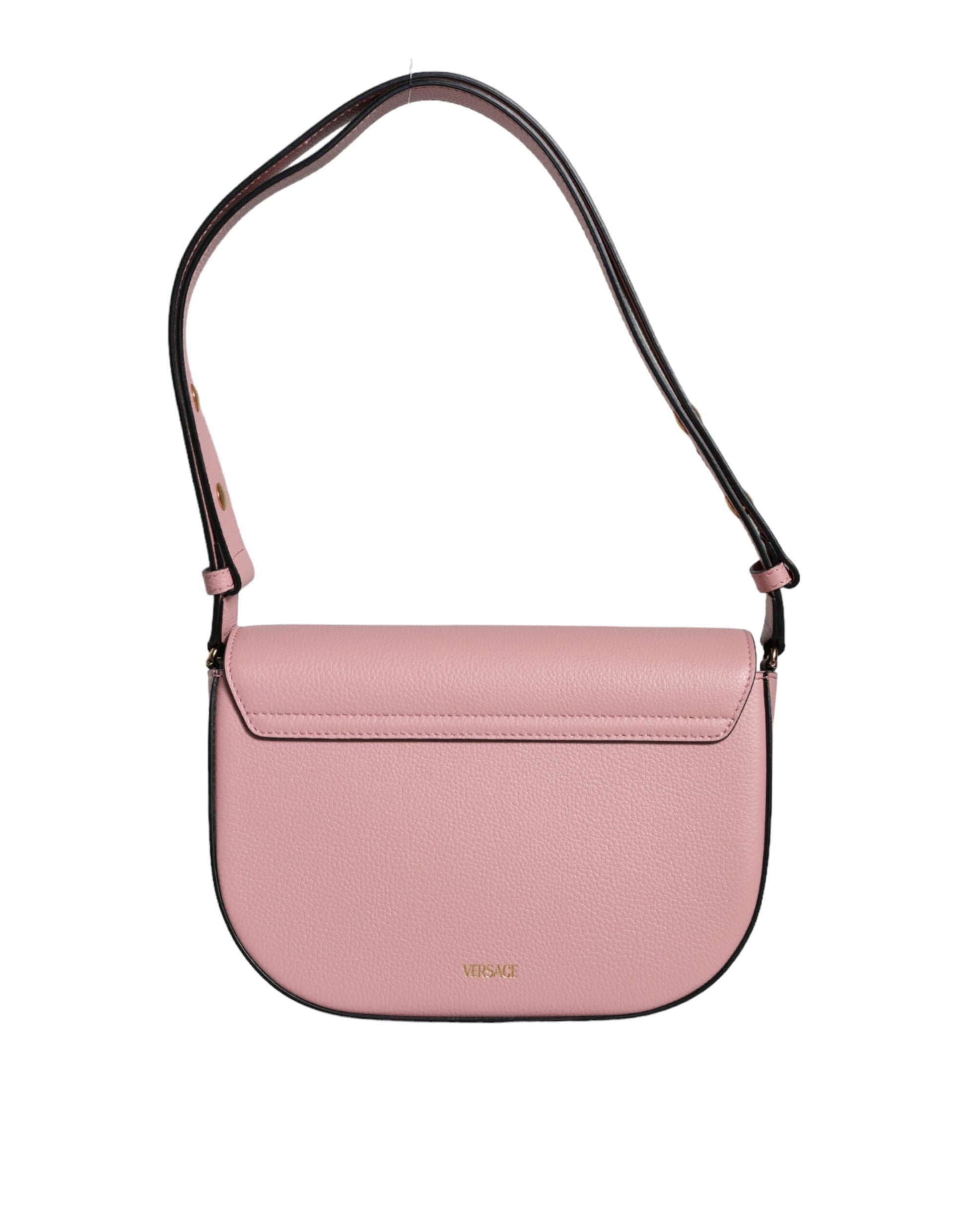 Compact 2-in-1 Shoulder & Crossbody Bag by Versace for women in calf leather viscose & cotton black & pink features a statuesque silhouette, showcasing a secure magnetic and statuesque internal-pockets with versatile crossbody-strap, shoulder-strap, adjustable-strap & handle for a statuesque finish.