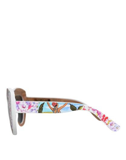 Multicolor Wood Crystal Brass Frame Floral Hand Paint Sunglasses by Dolce & Gabbana