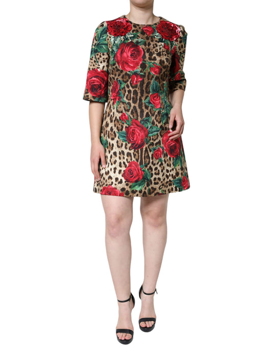 Dolce & Gabbana Women's A Line Short-Sleeve Silk Viscose Cotton & Polyester Short Dress - Brown Red Leopard Print Floral Print