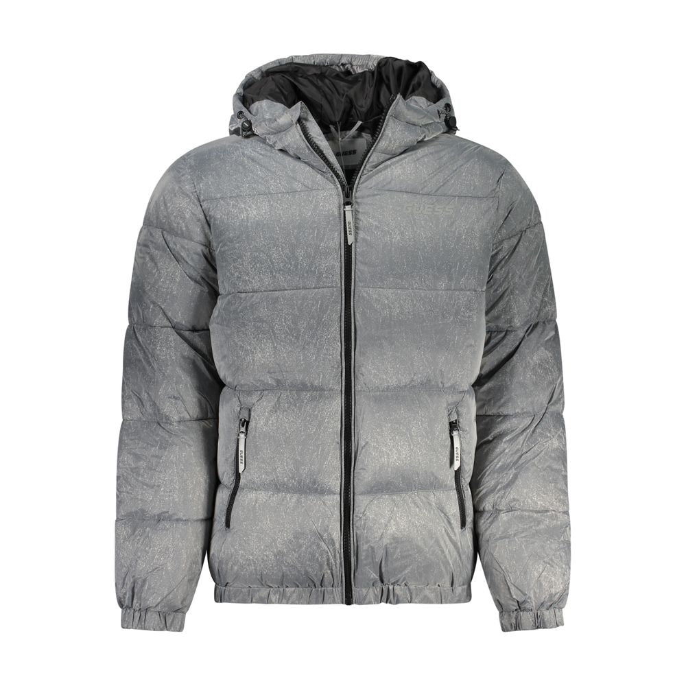 Hooded Jacket by Guess Jeans for men in polyamide gray & print showcases a contemporary silhouette, detailed with a contemporary hooded neckline and premium pockets & hooded for a sophisticated finish.