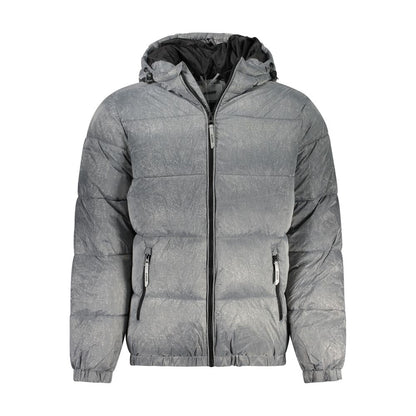 Hooded Jacket by Guess Jeans for men in polyamide gray & print showcases a contemporary silhouette, detailed with a contemporary hooded neckline and premium pockets & hooded for a sophisticated finish.
