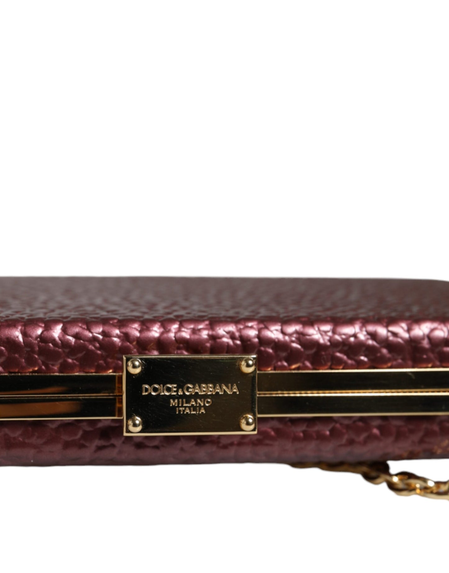Compact Evening Crossbody Box Clutch Convertible Handbag by Dolce & Gabbana for women in leather & brass black, gold & maroon features an exquisite silhouette, showcasing a secure , ample cardholder, and versatile crossbody-strap for exquisite style.
