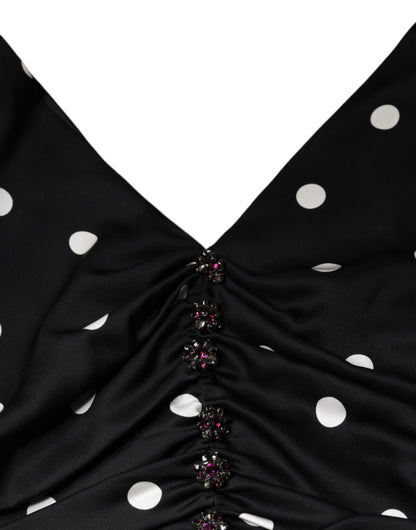 Dolce & Gabbana Black Silk Polka Dot Vneck Tassel Midi Dress