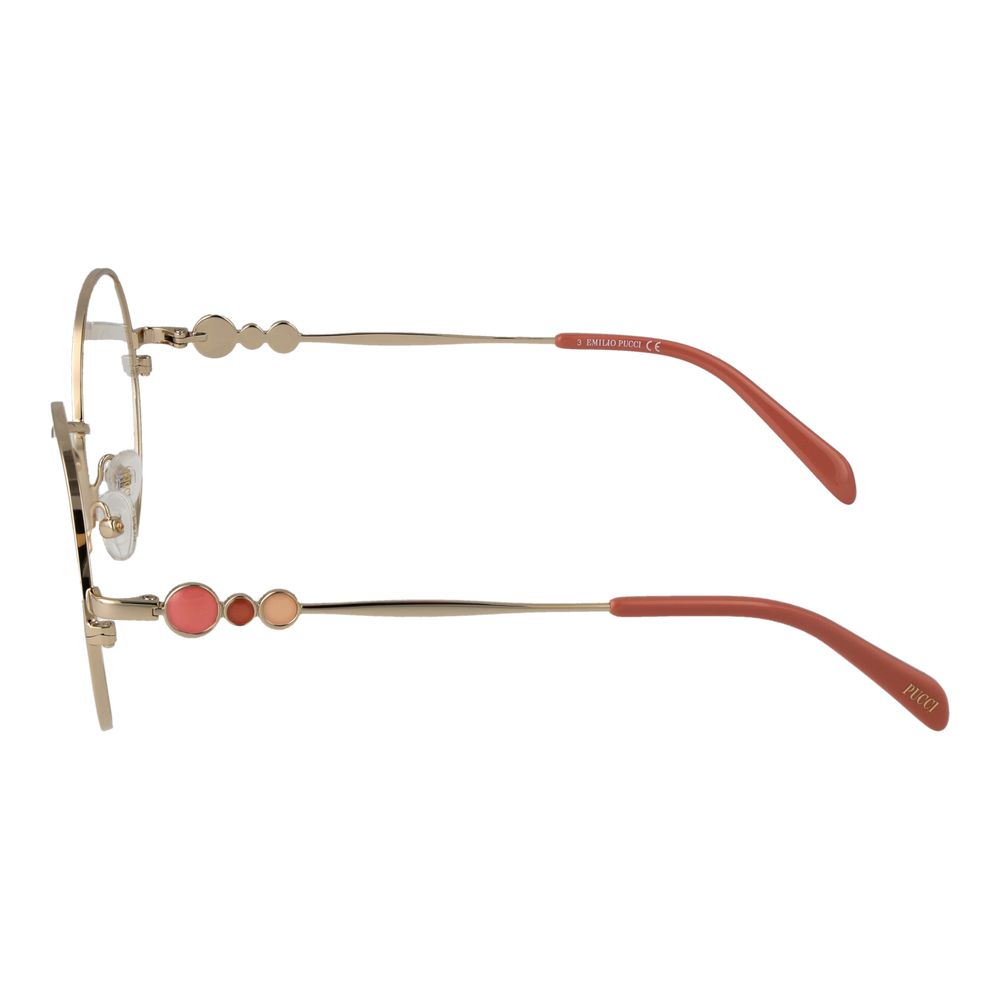 Eyeglasses Frames by Emilio Pucci for women in metal gold features an refined silhouette, showcasing the refined gold coloured frame and sophisticated full-frame frame design.