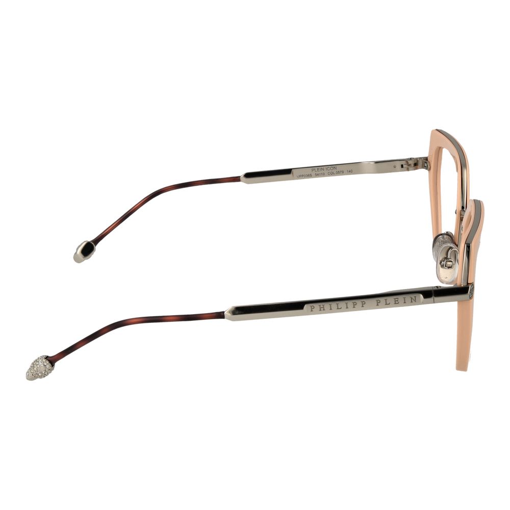 Eyeglasses Frames by Philipp Plein for women in pink showcases a reflective silhouette, artfully incorporating a sophisticated rose coloured frame with a distinct full-frame frame design.