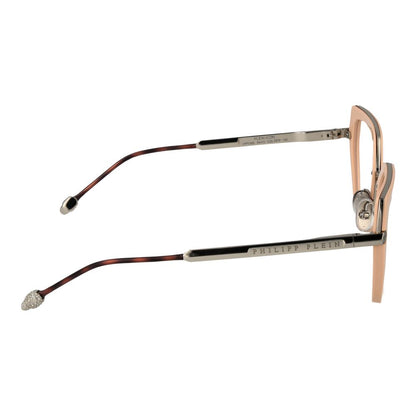 Eyeglasses Frames by Philipp Plein for women in pink showcases a reflective silhouette, artfully incorporating a sophisticated rose coloured frame with a distinct full-frame frame design.