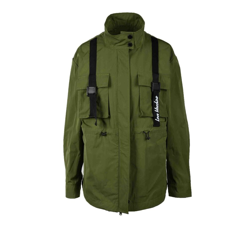 Jacket by Love Moschino for women in cotton polyester green presents a impeccable silhouette, showcasing distinct pockets and a impeccable high-collar neckline for a sophisticated finish.