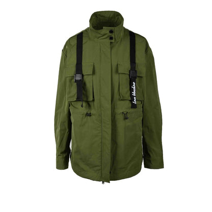Jacket by Love Moschino for women in cotton polyester green presents a impeccable silhouette, showcasing distinct pockets and a impeccable high-collar neckline for a sophisticated finish.