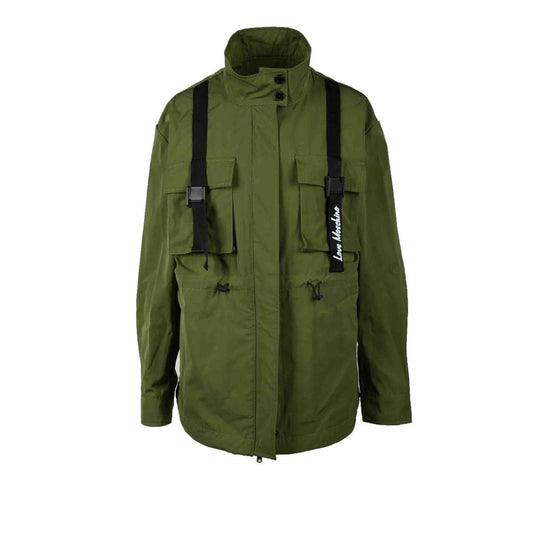 Jacket by Love Moschino for women in cotton polyester green presents a impeccable silhouette, showcasing distinct pockets and a impeccable high-collar neckline for a sophisticated finish.