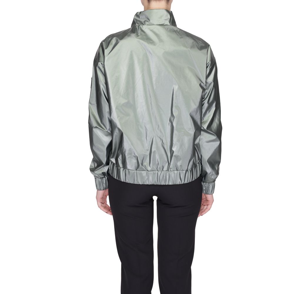 Jacket by Suns for women in polyester green features a smart silhouette, perfectly accentuated by its unique high-collar neckline and functional for a smart finish.