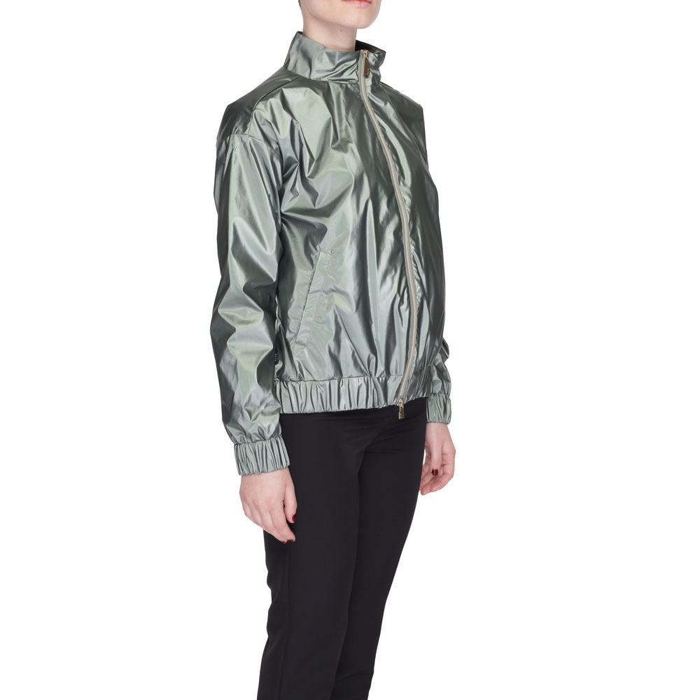 Jacket by Suns for women in polyester green presents a impeccable silhouette, showcasing distinct and a impeccable high-collar neckline for a sophisticated finish.