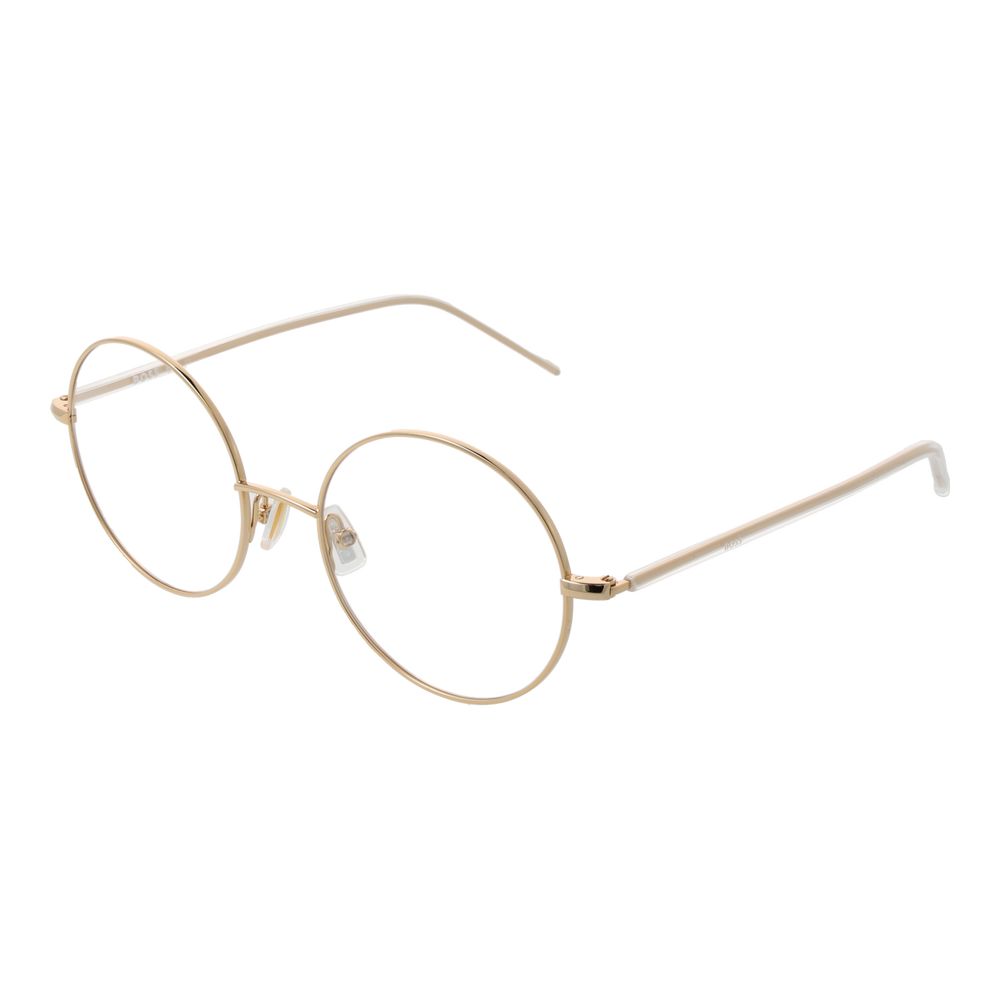 Eyeglasses Frames by Hugo Boss for women in gold showcases a reflective silhouette, artfully incorporating a sophisticated gold coloured frame with a distinct full-frame frame design.
