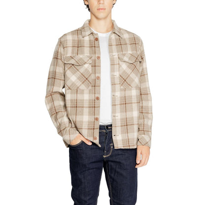 Shirt by Hamaki-Ho for men in polyester beige showcases a sharp silhouette, elegantly detailed with a sharp and sharp .