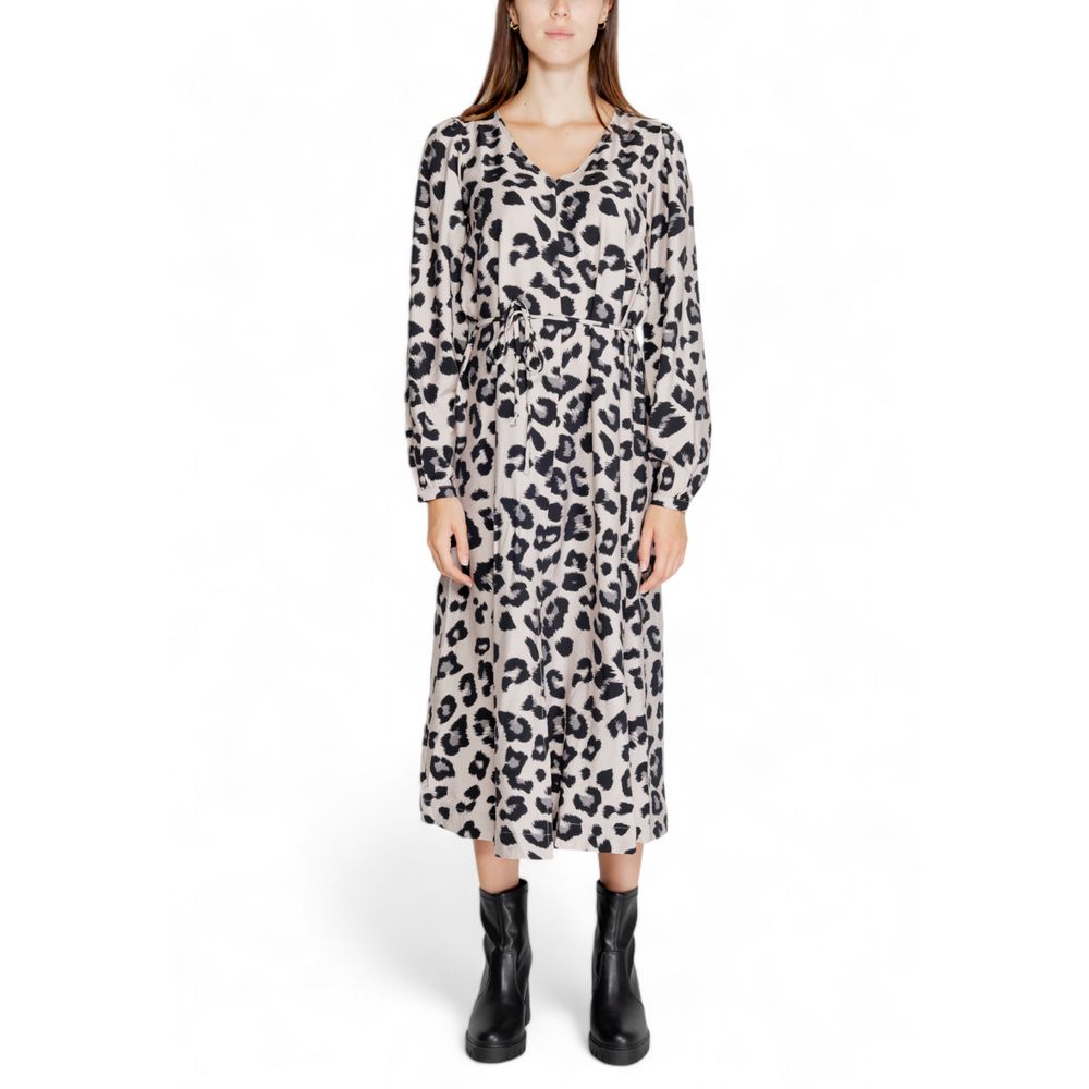 Dress by Jacqueline De Yong for women in viscose & nylon gray & leopard-print showcases a striking silhouette, elegantly detailed with a long-sleeve, refined v-neck neckline, and a striking midi long for a striking finish.