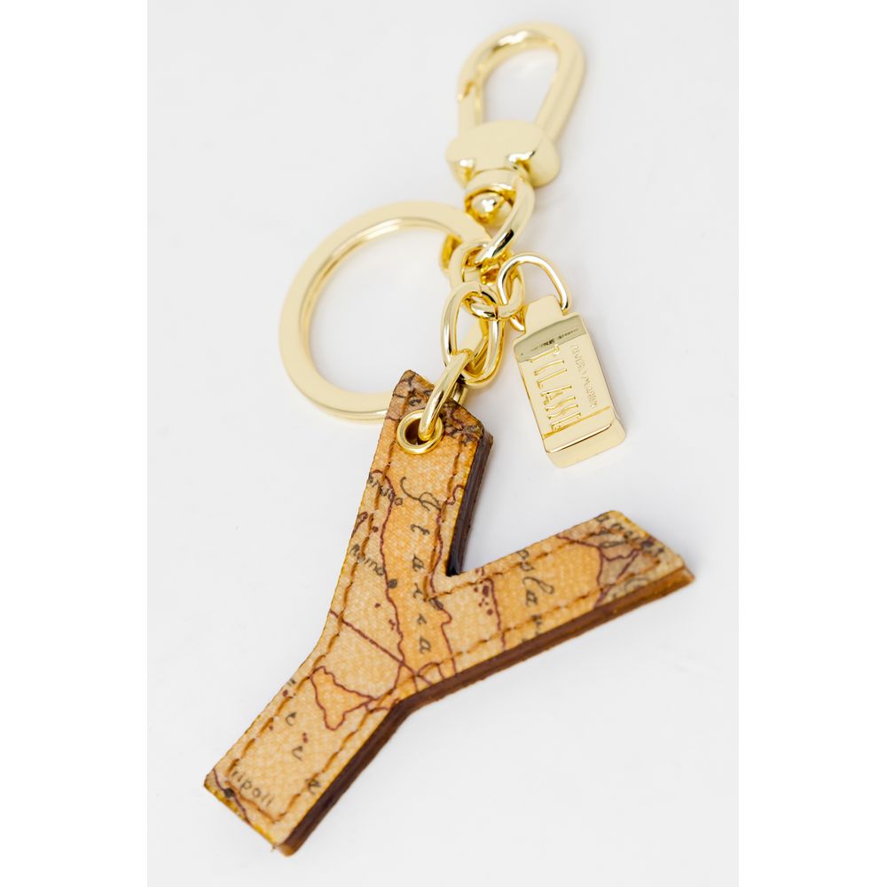Keychain by Alviero Martini Prima Classe for women in stretch cotton beige features an artisanal design with , , and for an artisanal aesthetic.