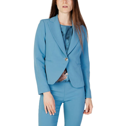 Suit by Rinascimento for women in polyester & brass turquoise presents a luxurious silhouette, showcasing a sophisticated v-neck lapel notch-lapel neckline and luxurious for a refined, high-fashion look.