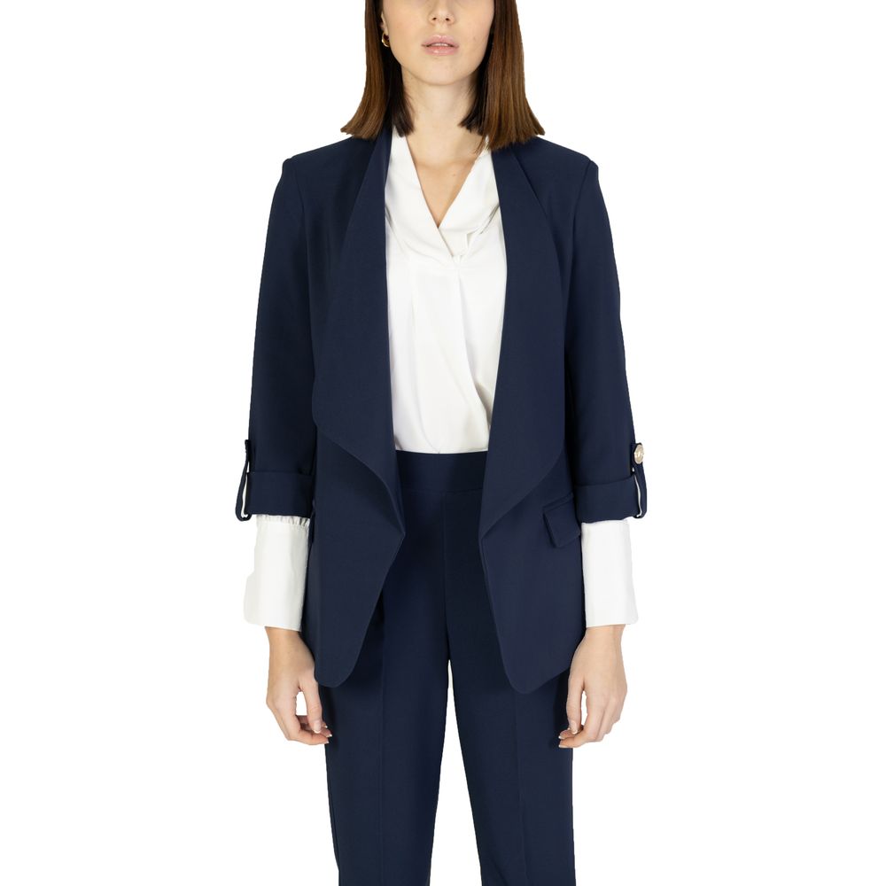 Suit by Rinascimento for women in polyester blue showcases a sartorial silhouette, artfully finished with a sophisticated lapel neckline and a sartorial for a truly sartorial look.