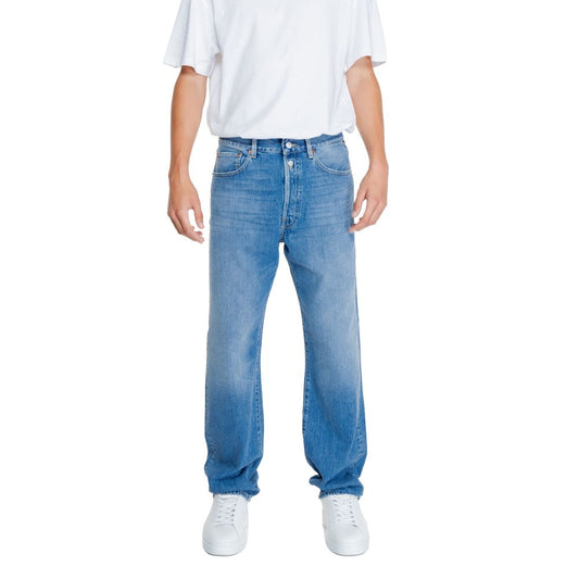 Pants by Replay for men in denim cotton blue showcases a unrivaled comfort silhouette, featuring a straight-leg & regular-fit cut and long with a for a unrivaled comfort and refined aesthetic.