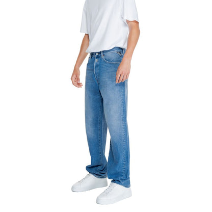 Pants by Replay for men in denim cotton blue features a stylish silhouette with a stylish straight-leg & regular-fit, long, and .