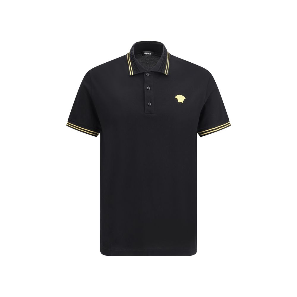 Polo Shirt by Versace for men in cotton black presents a sleek silhouette, featuring a refined and for a sleek finish.