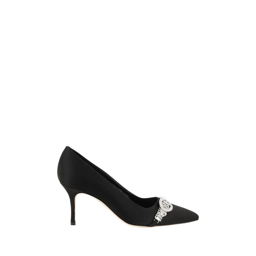 Kitten Pumps Heels by Manolo Blahnik for women in leather & satin and black showcases a effortlessly elegant silhouette as Women's Leather & Satin Kitten Pumps Heels, featuring a effortlessly elegant kitten-heel and a effortlessly elegant almond toe style for an elegant look.