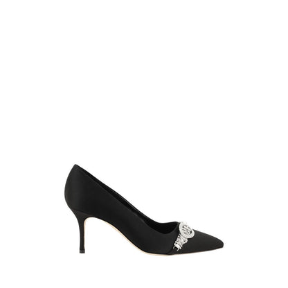Kitten Pumps Heels by Manolo Blahnik for women in leather & satin and black showcases a effortlessly elegant silhouette as Women's Leather & Satin Kitten Pumps Heels, featuring a effortlessly elegant kitten-heel and a effortlessly elegant almond toe style for an elegant look.