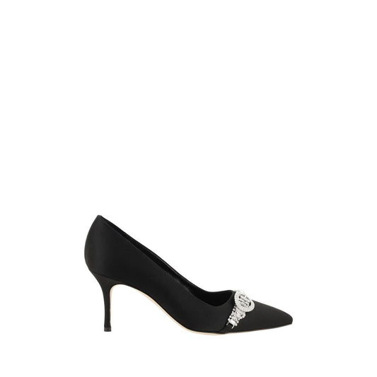 Kitten Pumps Heels by Manolo Blahnik for women in leather & satin and black showcases a effortlessly elegant silhouette as Women's Leather & Satin Kitten Pumps Heels, featuring a effortlessly elegant kitten-heel and a effortlessly elegant almond toe style for an elegant look.