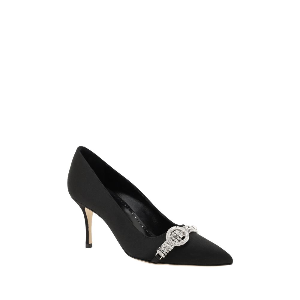 Kitten Pumps Heels by Manolo Blahnik for women in leather & satin black features an effortlessly chic silhouette from the Women's Leather & Satin Kitten Pumps Heels collection, showcasing a kitten-heel and effortlessly chic almond toe style for a effortlessly chic look.