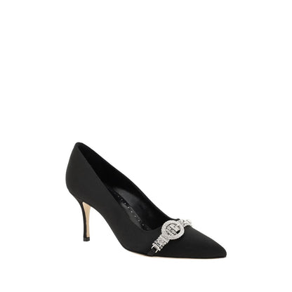 Kitten Pumps Heels by Manolo Blahnik for women in leather & satin black features an effortlessly chic silhouette from the Women's Leather & Satin Kitten Pumps Heels collection, showcasing a kitten-heel and effortlessly chic almond toe style for a effortlessly chic look.