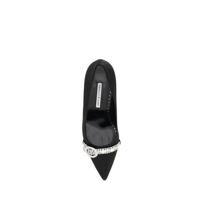 Kitten Pumps Heels by Manolo Blahnik for women in leather & satin and black showcases a effortlessly elegant silhouette as Women's Leather & Satin Kitten Pumps Heels, featuring a effortlessly elegant kitten-heel and a effortlessly elegant almond toe style for an elegant look.