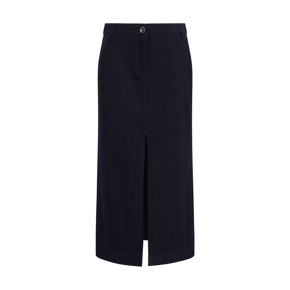 Skirt by Giorgio Armani for women in cotton blue & patterned showcases a sultry silhouette, elegantly defined by its midi and the sophisticated sultry design of the Women's Cotton Skirt.