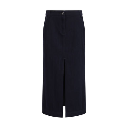 Skirt by Giorgio Armani for women in cotton blue & patterned showcases a sultry silhouette, elegantly defined by its midi and the sophisticated sultry design of the Women's Cotton Skirt.