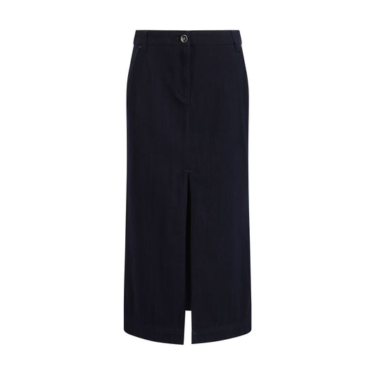 Skirt by Giorgio Armani for women in cotton blue & patterned showcases a sultry silhouette, elegantly defined by its midi and the sophisticated sultry design of the Women's Cotton Skirt.