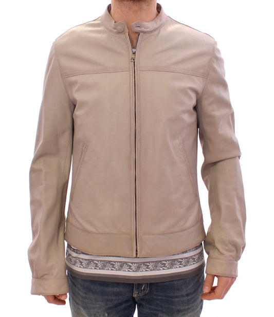 Jacket by Dolce & Gabbana for men in cotton rayon & lambskin leather beige features an utilitarian silhouette with a refined , showcasing sophisticated pockets for an utilitarian aesthetic.