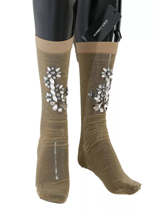 Dolce & Gabbana Women's Nylon Polyester & Calf Leather Socks - Gold Gray Floral