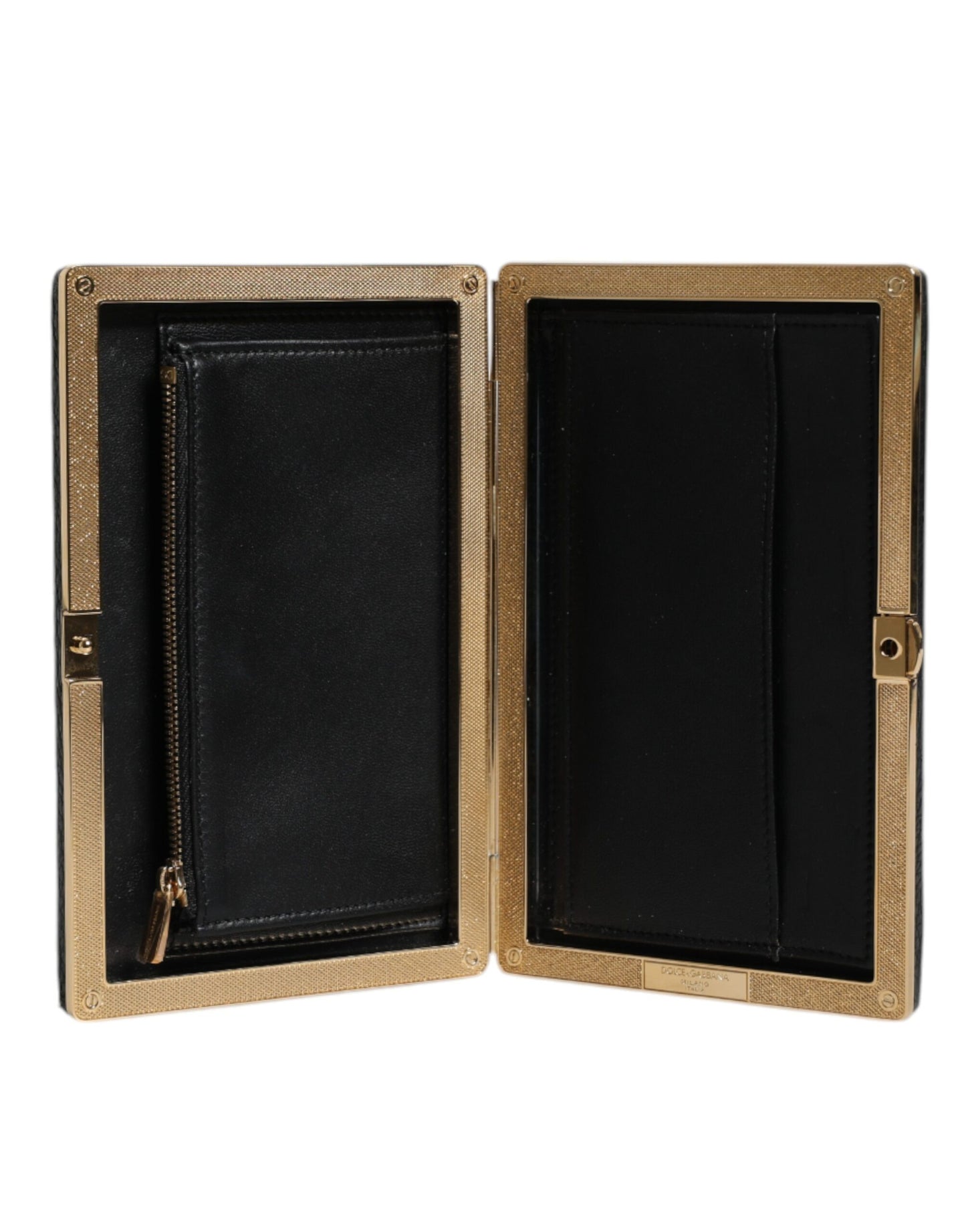 Evening Box Clutch Handbag by Dolce & Gabbana for women in goat leather & aluminium black & gold showcases a sculptural silhouette, featuring a secure , ample cardholder, and versatile for a sculptural finish.