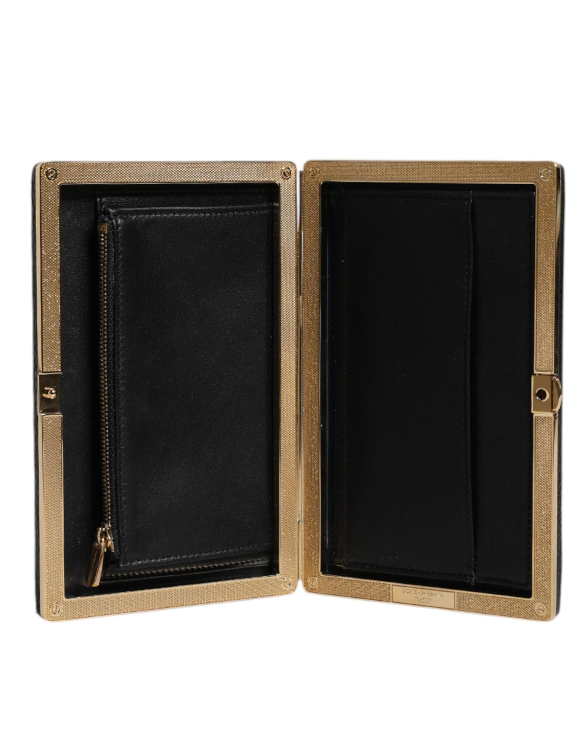 Evening Box Clutch Handbag by Dolce & Gabbana for women in goat leather & aluminium black & gold showcases a sculptural silhouette, featuring a secure , ample cardholder, and versatile for a sculptural finish.